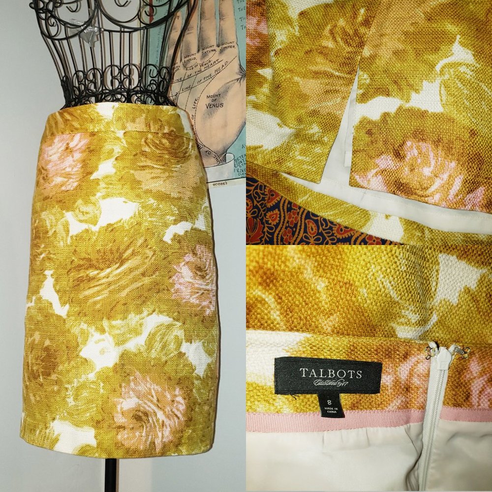Y2K Classic Mid-Century Talbots Pencil Skirt Gold Pink Giant Floral Fabric S